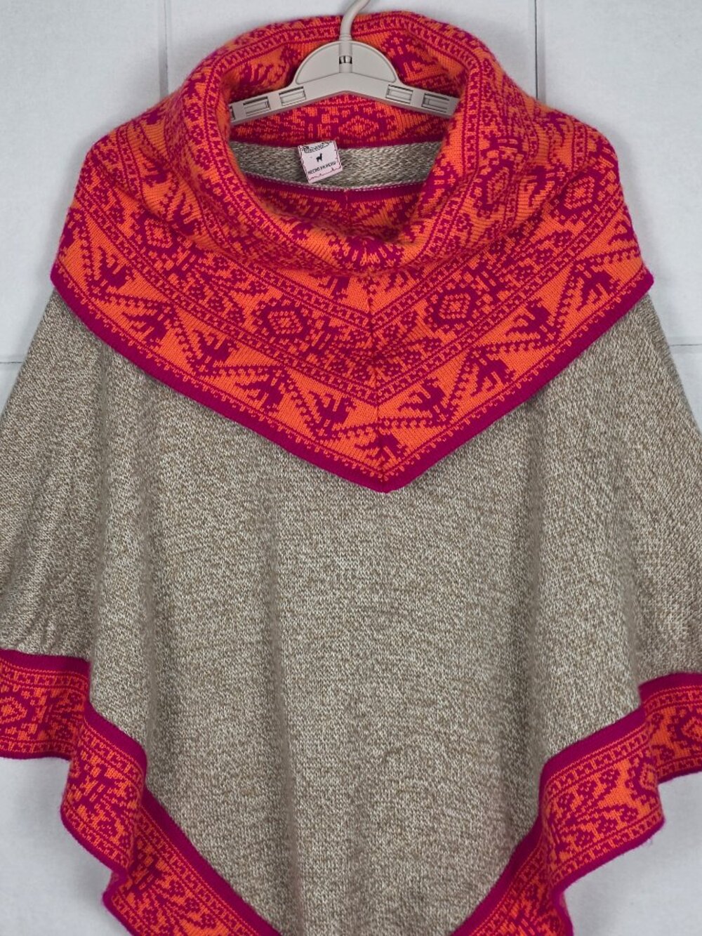 Peruvian Alpaca Poncho Sweater – Cowl Neck – Geometric Trim - Picture 3 of 9